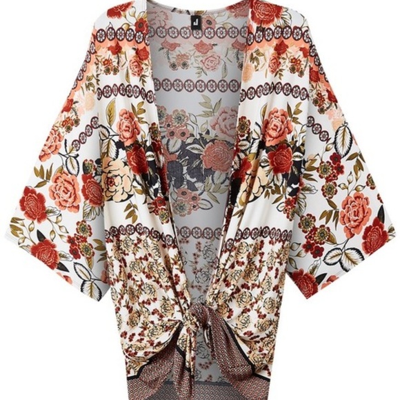 New Floral Coral, Ivory, Kimono Beach Cover Top - Picture 2 of 2